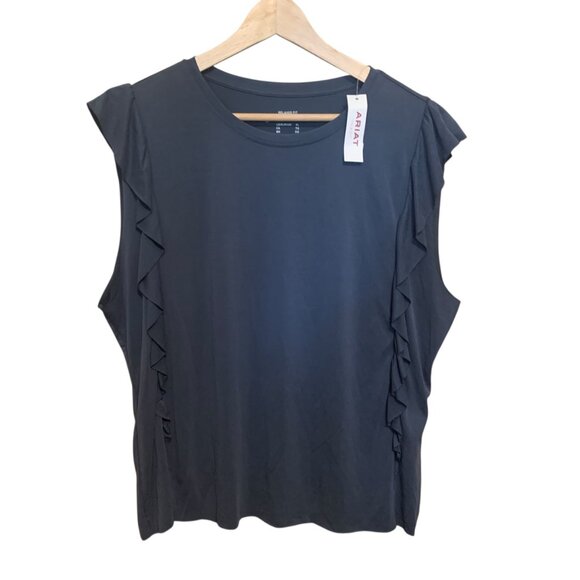 NWT Ariat Women’s Top Washed Jersey Knit Tank Raw Edge Ruffle Midnight Navy XL - Picture 2 of 8